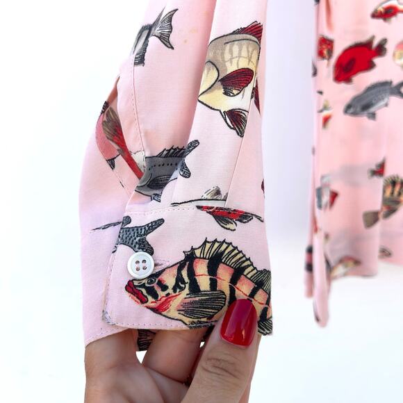 Vintage Esprit Fish Print Button Down Quirky Artsy Shirt Medium Rayon - Picture 7 of 8